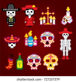 Dia de los muertos. Day of the dead icons set. Pixel art. Old school computer graphic style. Games elements.