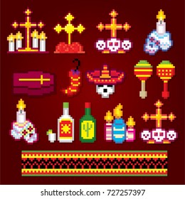 Dia de los muertos. Day of the dead icons set. Pixel art. Old school computer graphic style. Games elements.