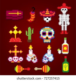 Dia de los muertos. Day of the dead icons set. Pixel art. Old school computer graphic style. Games elements.