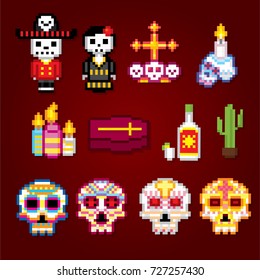 Dia de los muertos. Day of the dead icons set. Pixel art. Old school computer graphic style. Games elements.