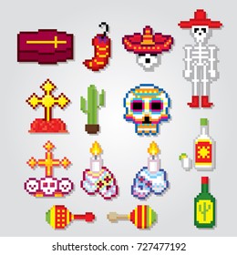 Dia de los muertos. Day of the dead icons set. Pixel art. Old school computer graphic style. Games elements.