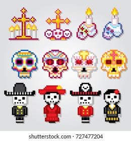 Dia de los muertos. Day of the dead icons set. Pixel art. Old school computer graphic style. Games elements.