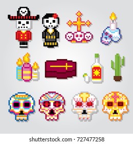 Dia de los muertos. Day of the dead icons set. Pixel art. Old school computer graphic style. Games elements.