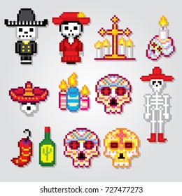 Dia de los muertos. Day of the dead icons set. Pixel art. Old school computer graphic style. Games elements.