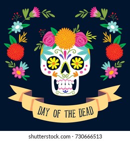 "Dia de los Muertos" (day of the dead) card with english text. Mexican sugar skull with floral decoration. Vector illustration.