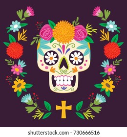 "Dia de los Muertos" (day of the dead) poster. Mexican sugar skull with floral decoration. Vector illustration.