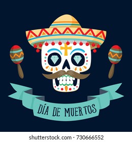 "Dia de los Muertos" (day of the dead) card with spanish text. Mexican sugar skull with a hat and two maracas. Vector illustration.