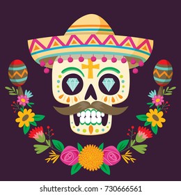 "Dia de los Muertos"(Tag der Toten) Poster. mexikanischer Zuckerschädel mit Hut, Blumen und zwei Maracas. Vektorgrafik.