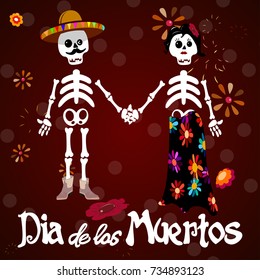 Dia de los muertos. Day of The Dead vector poster with smiling sugar festive skull, surrounded by colorful flowers, isolated on dark background.