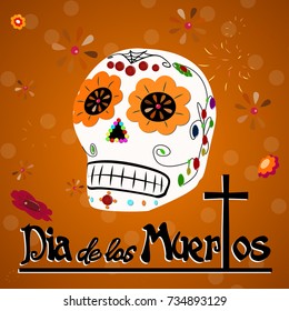 Dia de los muertos. Day of The Dead vector poster with smiling sugar festive skull, surrounded by colorful flowers, isolated on dark background.