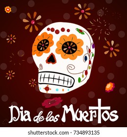 Dia de los muertos. Day of The Dead vector poster with smiling sugar festive skull, surrounded by colorful flowers, isolated on dark background.