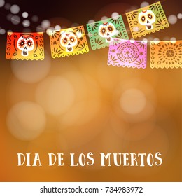 Dia de Los Muertos, Day of the Dead or Halloween card, invitation. Party decoration, string of lights, handmade cut party flags and skulls. Modern blurred vector illustration, background.