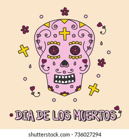 Dia de los muertos or day of the dead vector illustration, card with sugar skull, calavera.