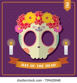 Dia de los muertos. Day of The Dead template design with female mexican sugar skull, flowers, candle and ribbon on purple polka dot background. 2 November vector illustration.