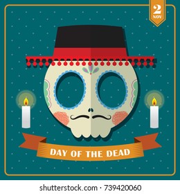 Dia de los muertos. Day of The Dead template design with male mexican sugar skull, hat, candle and ribbon on blue polka dot background. 2 November vector illustration.