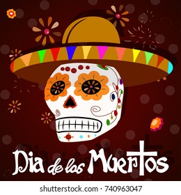 Dia de los muertos. Day of The Dead vector poster with smiling sugar festive skull, surrounded by colorful flowers, isolated on dark background.