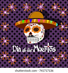 Dia de los muertos. Day of The Dead vector poster with smiling sugar festive skull, surrounded by colorful flowers, isolated on dark background.