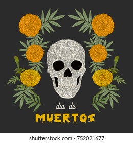 "Dia de los Muertos" (day of the dead) card . Mexican sugar skull with floral decoration. Vector illustration.