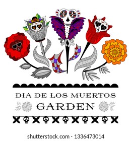 Dia de los Muertos dead skull flowers in black frame. Day of the dead. Mexican holiday