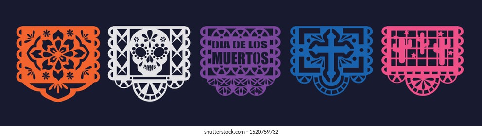 Dia De Los Muertos Decoration Vector. Papel Picado For Day Of The Dead. 