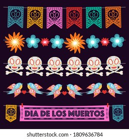 Dia de los muertos decoration garlands set with paper cut flages, flowers, sugar skulls, colorfull birds, holidays banner for Day of the dead party, halloween poster. Vector 10 eps