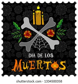 Dia de los Muertos decorative vector illustration with bones, candles and flowers. Day of he dead. Mexican holiday
