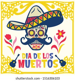 dia de los muertos design with skull wearing mexican sombrero