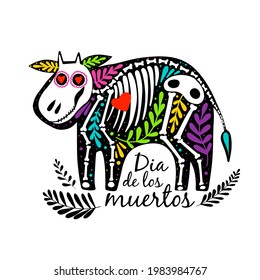 Dia de los Muertos design, Day of the dead or Halloween concept. Cow or bull skeleton with leaves and text, isolated on white background. Vector colorful postcard