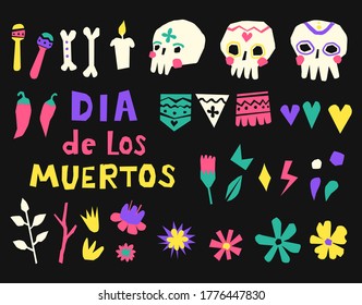 Dia de los muertos elements on black background. Mexican traditional elements for the day of the dead. Vector set with skulls, bones, candle, peppers, flowers, and lettering "Dia de los muertos".