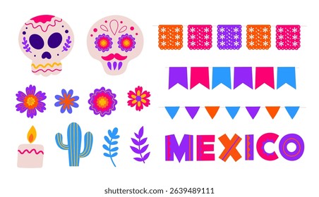 Dia De Los Muertos elements set. Mexican culture and tradition. Festive elements, ofrenda candles and other floral decorations for Day of the Dead