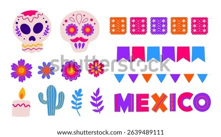 Dia De Los Muertos elements set. Mexican culture and tradition. Festive elements, ofrenda candles and other floral decorations for Day of the Dead