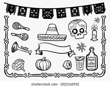 Dia de los muertos festival set icons. Black and white icons. Mexican doodle style.