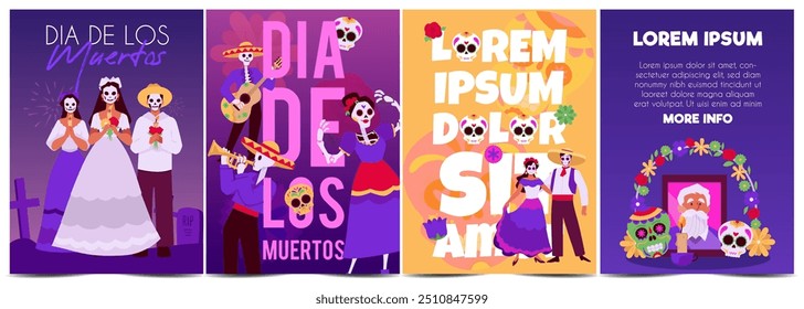 Dia de los Muertos. Vetor plano conjunto de panfletos com personagens em roupas de férias e um altar decorado com flores com um crânio de açúcar. Ideal para promoções com espaço de texto.