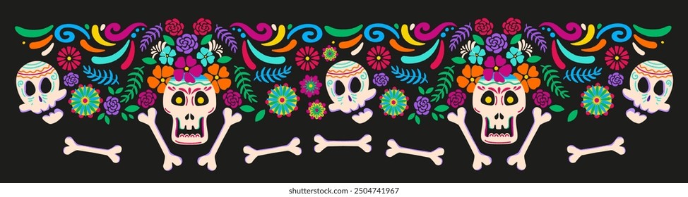 Dia de los muertos festive background. Mexican Halloween tradition festival. Day of dead sugar skull isolated frame, border design template. Vector illustration for banner, poster, invitation.