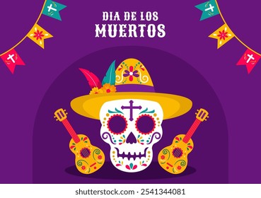 Dia de Los Muertos Festive Template for Social Media Background in Flat Hand Drawn Cartoon Style