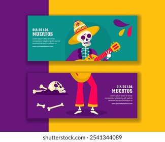 Dia de Los Muertos Festive Template for Horizontal Banner in Flat Hand Drawn Cartoon Style