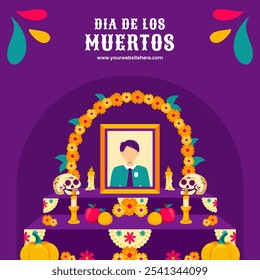 Dia de Los Muertos Festive Template for Social Media Background in Flat Hand Drawn Cartoon Style