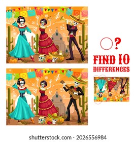 Dia de los Muertos find differences vector maze game with dancing skeletons. Kids educational matching game or puzzle, worksheet template with Day of Dead Mexican holiday skulls, sombrero, cactuses