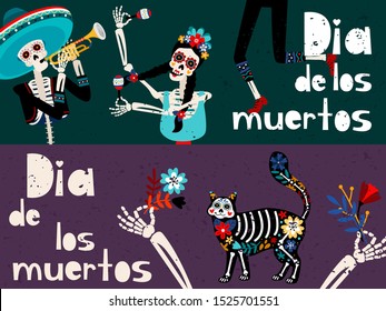 Dia de los muertos flat vector greeting card templates set. Traditional Mexican and Spanish holiday celebration banner layouts collection. Day of Dead party invitation cartoon designs pack