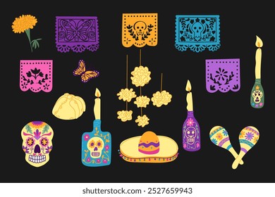 Dia de los Muertos flat colored set. Vector illustrations for home altar on black background. Ideal for decoration, stickers, tattoo, pattern