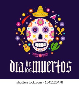 Dia de los Muertos fraktur font gothic lettering with sugar skull and flowers. Mexican holiday Day of the Dead typography poster. Vector template for banner, poster, greeting card, invitation, etc.