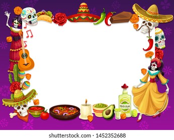 Dia de los Muertos frame with Mexican holiday symbols. Vector calavera skull, burritos, flowers and sombrero hat, chili pepper and coffin. Dancing dead woman and tequila, guitar, maracas and avocado