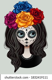 Dia De Los Muertos girl face painting, mexican holliday. Vector illustration design