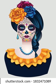 Dia De Los Muertos girl face painting, mexican holliday. Vector design