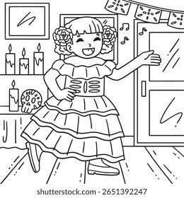 Dia de los Muertos Girl Singing Coloring Page 