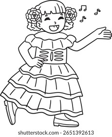Dia de los Muertos Menina cantando isolada coloração 