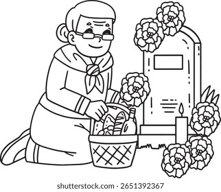 Dia de los Muertos Grandma Decorating a Grave 