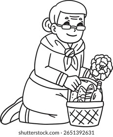 Dia de los Muertos Vovó com uma cesta de flores