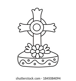 dia de los muertos grave cross with flower line style vector illustration design