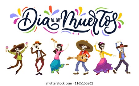 Dia de los Muertos greeting card for Day of the Dead. Greeting vector illustration with dancing skeletons and lettering on white background